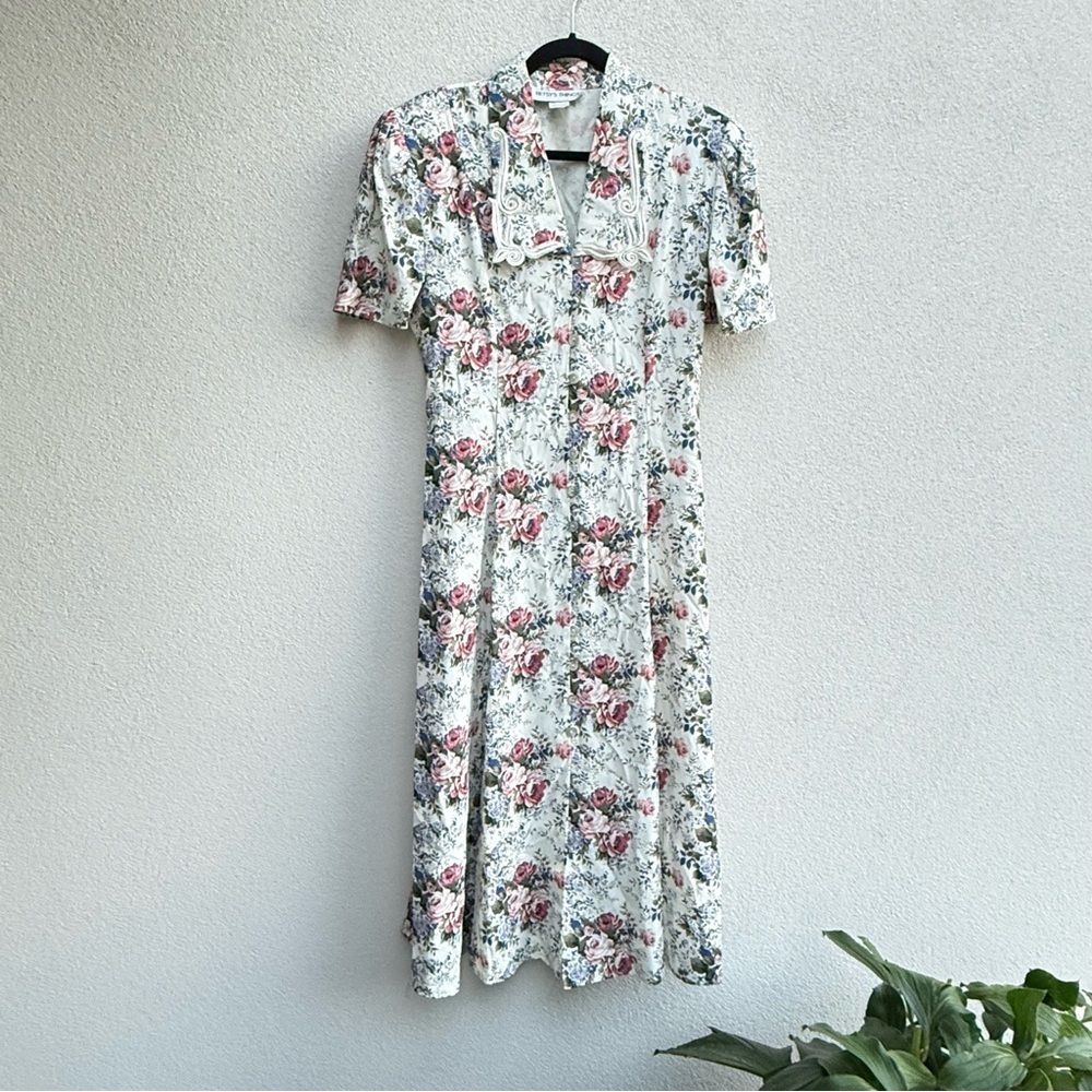 Vintage Floral Prairie Homesteader Cottage Core Dress Size 10 Crochet Lace Trim